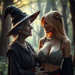 A realistic depiction of an unattractive, thin elderly woman dressed as a witch, with a gentle and affectionate expression as she lovingly looks at a young blonde woman with large breasts, who is wearing a fashionable bra