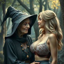 A realistic depiction of an unattractive, thin elderly woman dressed as a witch, with a gentle and affectionate expression as she lovingly looks at a young blonde woman with large breasts, who is wearing a fashionable bra