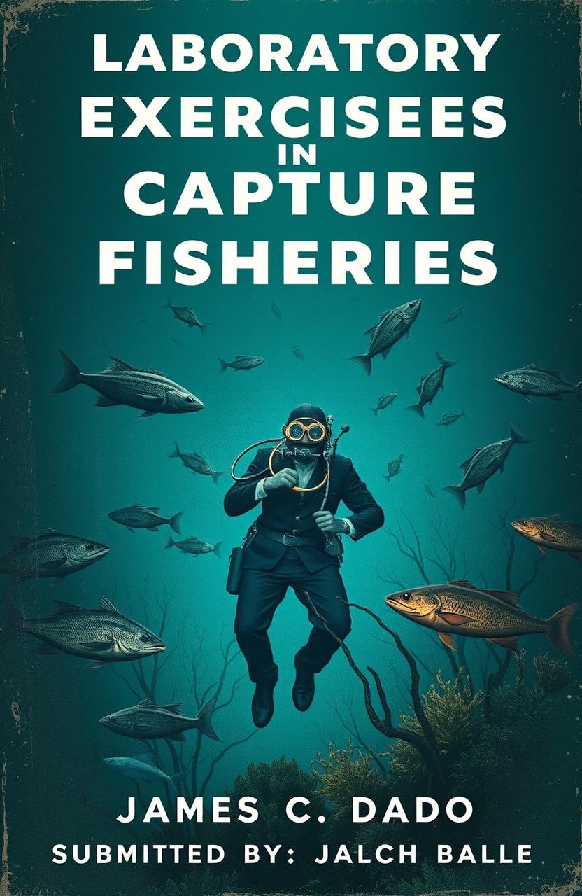 A captivating retro-style book cover for a detective novel titled 'LABORATORY EXERCISES IN CAPTURE FISHERIES' featuring a mysterious underwater scene with a vintage diver in an old-fashioned suit, surrounded by various fish species and aquatic plants