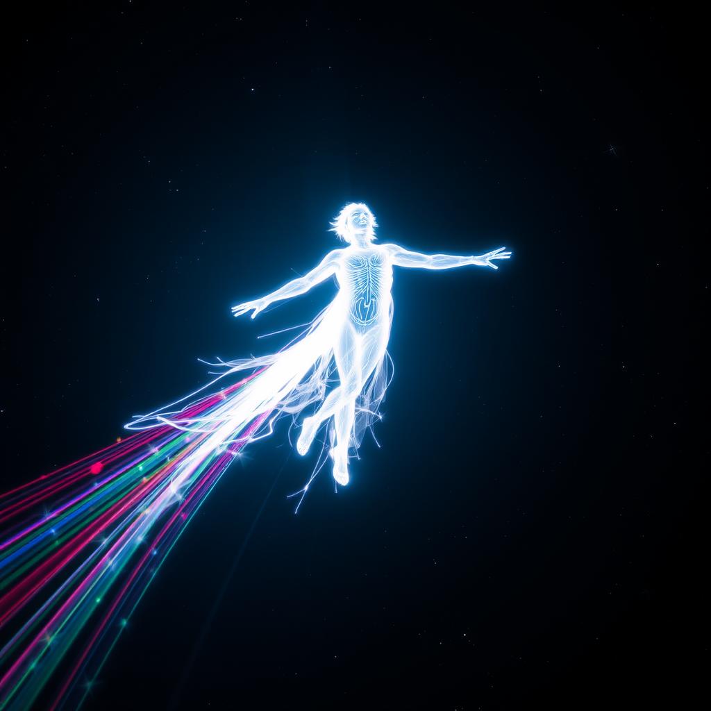 A person made entirely of radiant white light, elegantly levitating in the vastness of space
