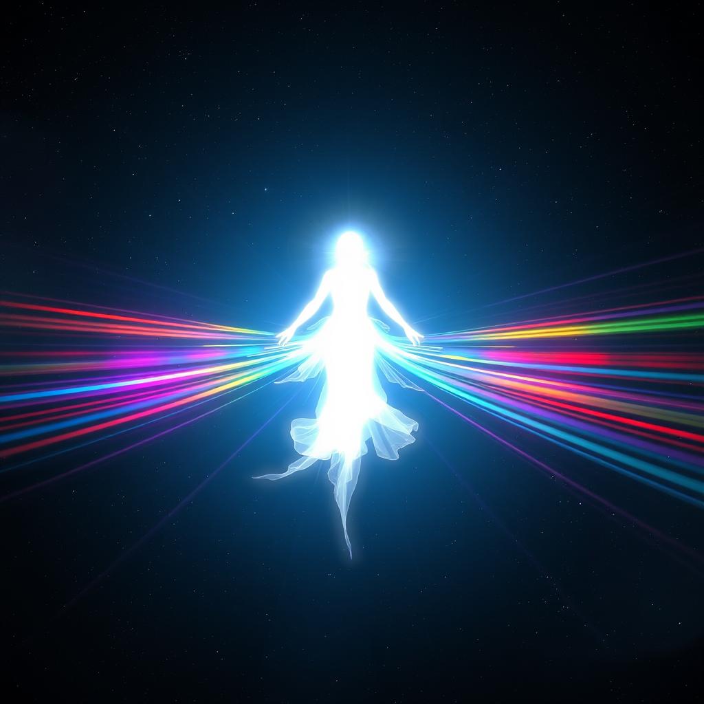 A dazzling figure composed of pure white light, gracefully levitating in the infinite expanse of space