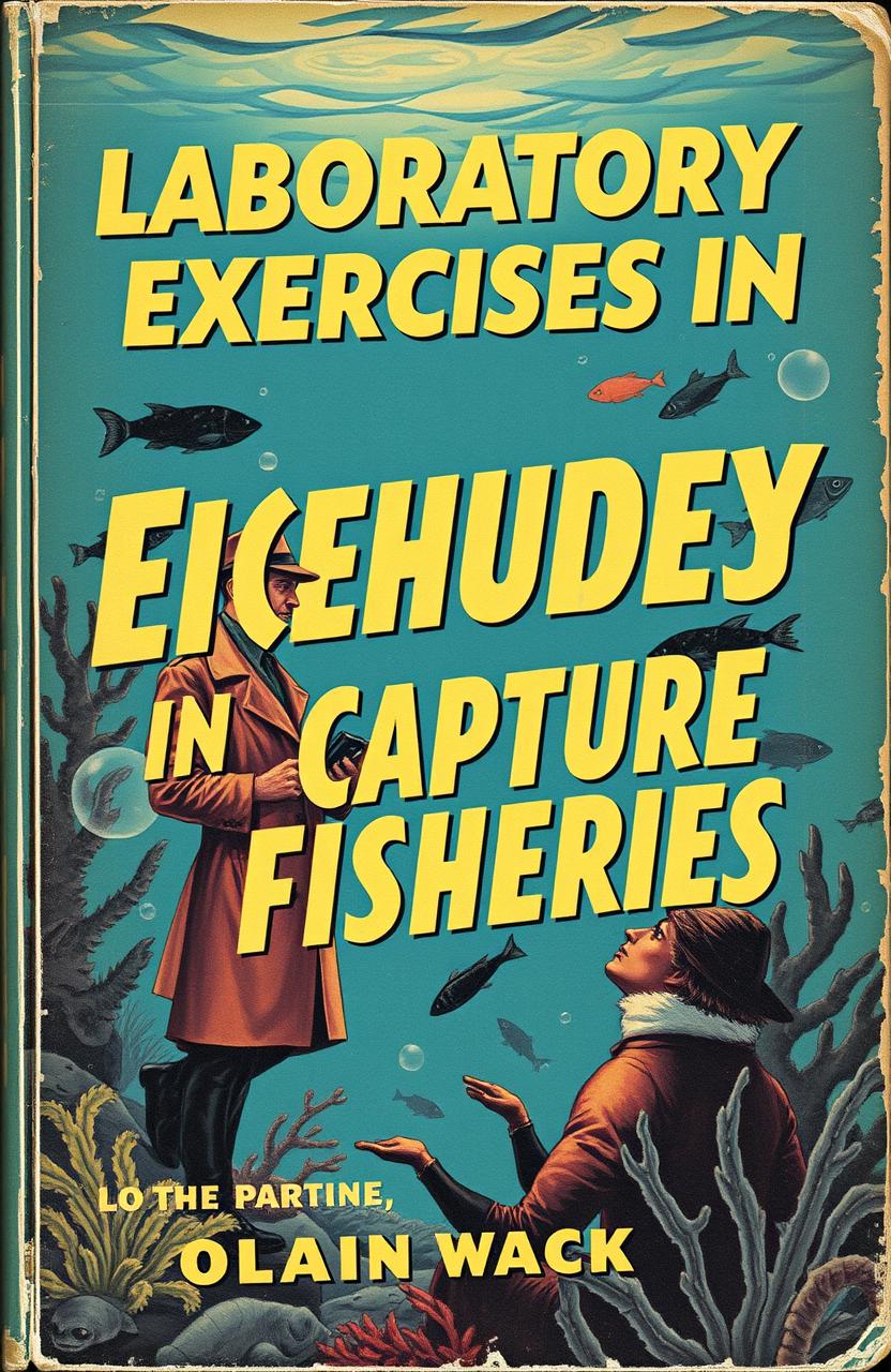 A captivating retro-style book cover for a detective novel titled "LABORATORY EXERCISES IN CAPTURE FISHERIES"