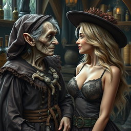 A realistic portrayal of a monstrous, unattractive, thin elderly woman with dwarfism, dressed in an elaborate medieval witch costume, expressing deep affection as she gazes lovingly at a young blonde woman with large breasts wearing a stylish bra