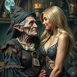 A realistic portrayal of a monstrous, unattractive, thin elderly woman with dwarfism, dressed in an elaborate medieval witch costume, expressing deep affection as she gazes lovingly at a young blonde woman with large breasts wearing a stylish bra