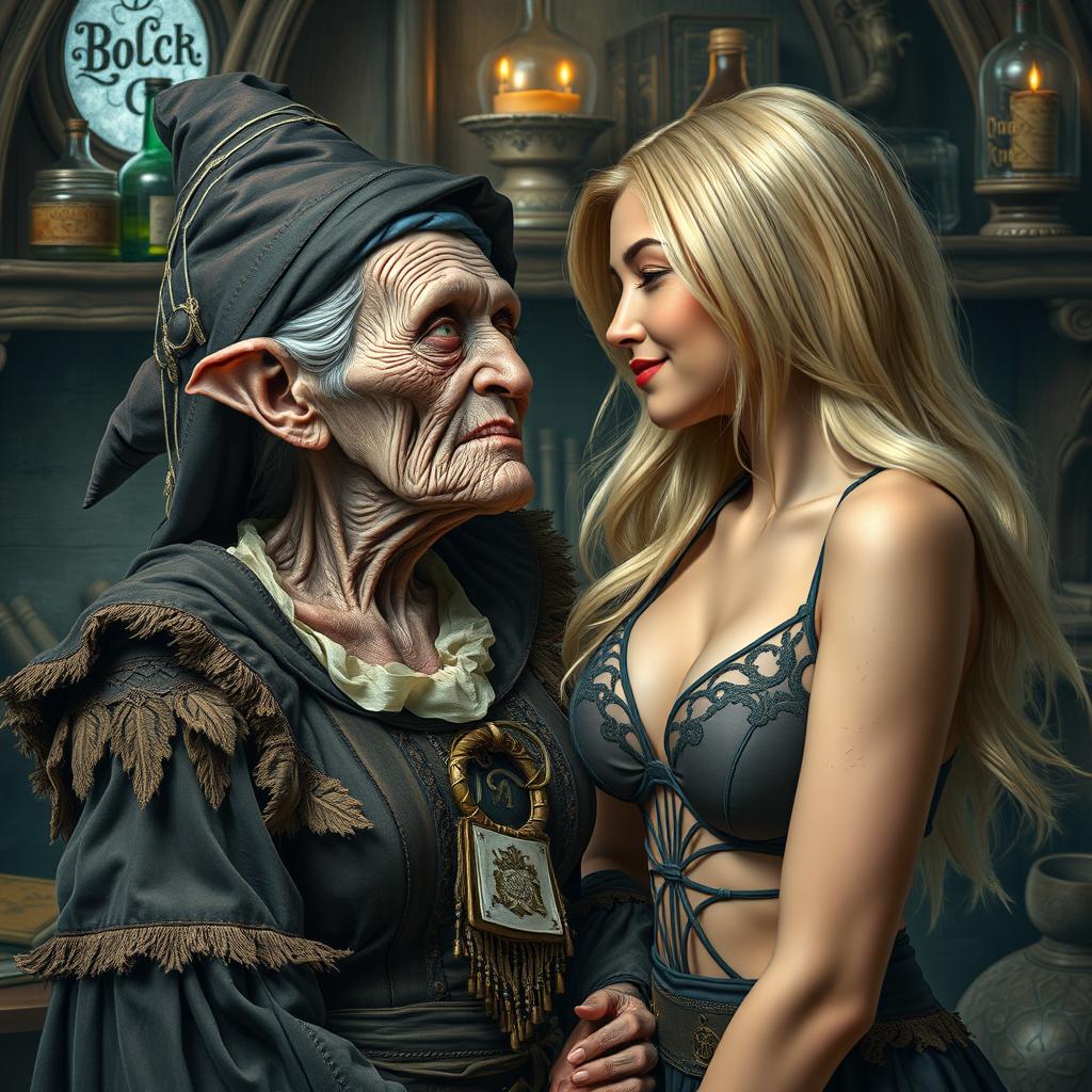 A realistic portrayal of a monstrous, unattractive, thin elderly woman with dwarfism, dressed in an elaborate medieval witch costume, expressing deep affection as she gazes lovingly at a young blonde woman with large breasts wearing a stylish bra