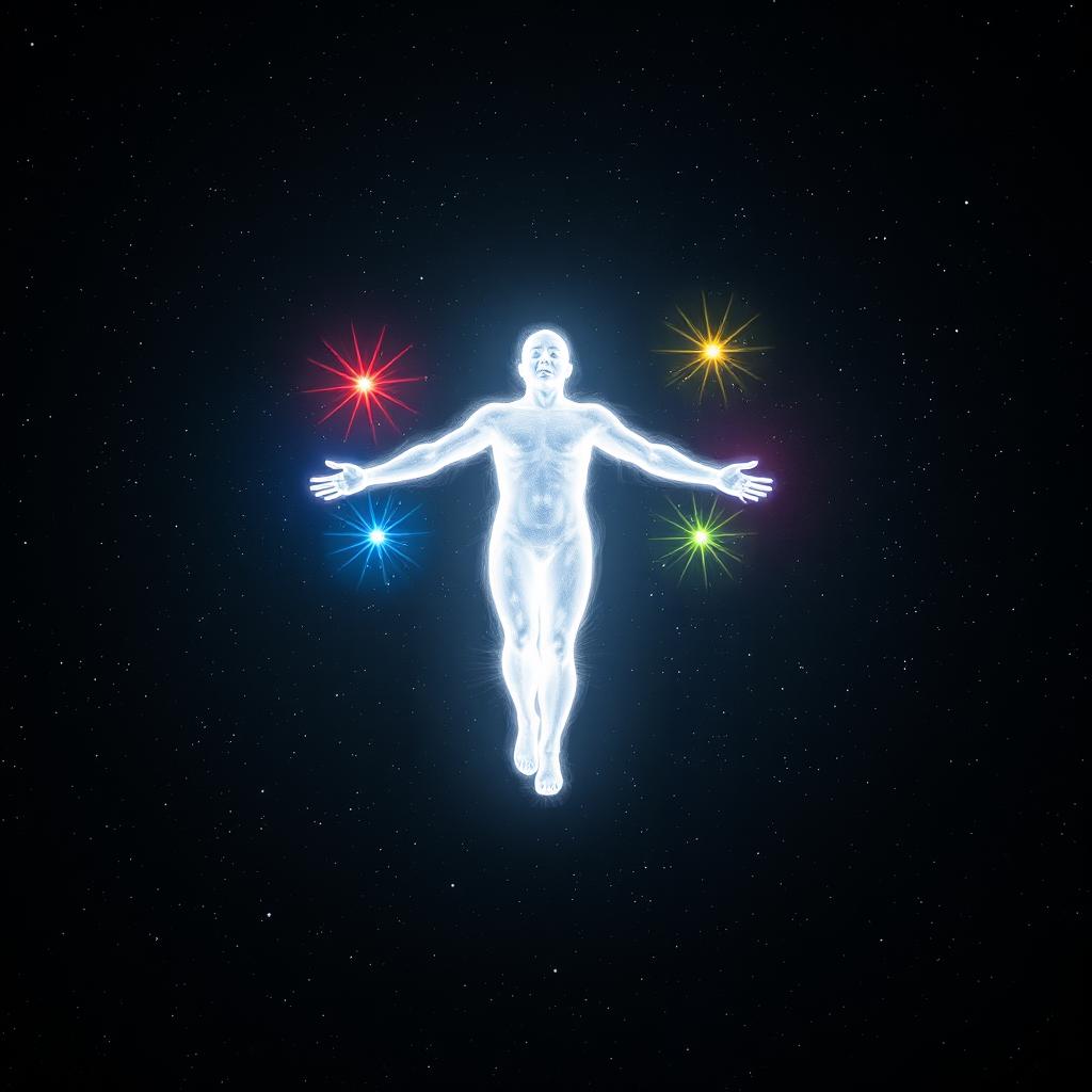 A person made entirely of white light, ethereal and glowing, levitating majestically in the vastness of space