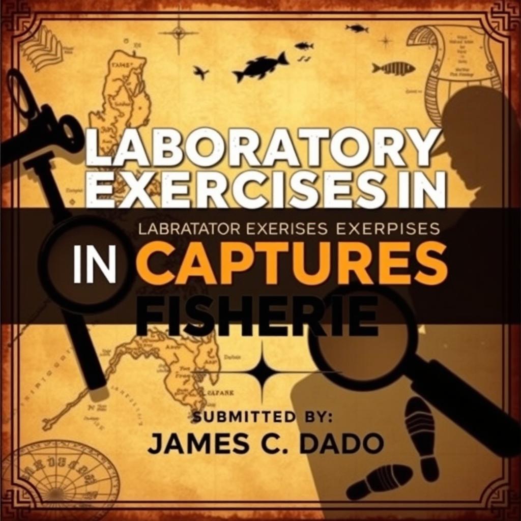A captivating retro-style book cover for a detective novel titled "LABORATORY EXERCISES IN CAPTURE FISHERIES"