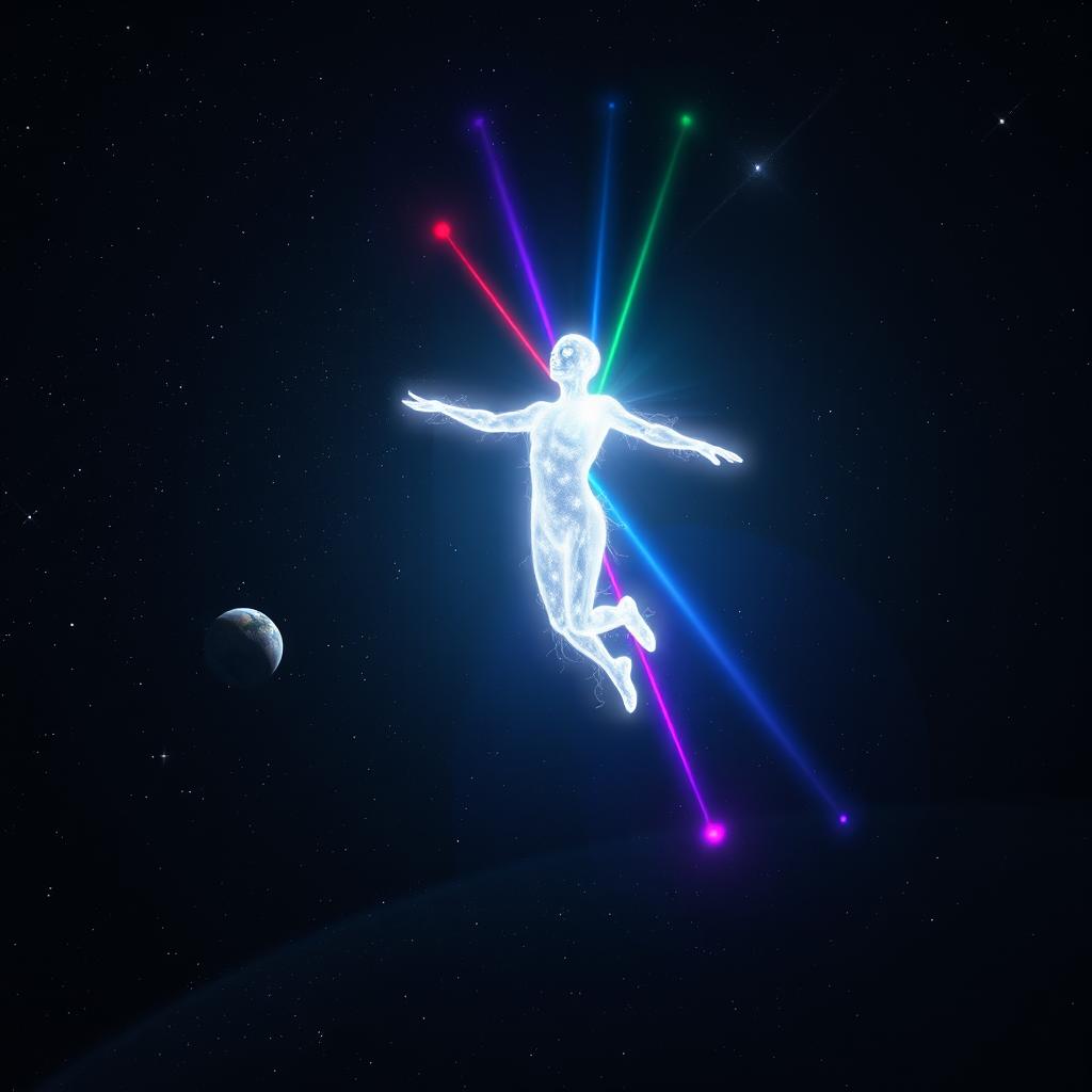 A stunning depiction of a person made entirely of radiant white light, gracefully levitating in the vastness of space