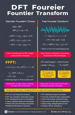 A detailed and informative infographic comparing the Discrete Fourier Transform (DFT) and Fast Fourier Transform (FFT) in the context of digital signal processing