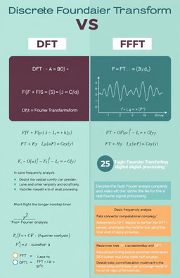 A detailed and informative infographic comparing the Discrete Fourier Transform (DFT) and Fast Fourier Transform (FFT) in the context of digital signal processing