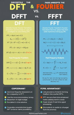 A detailed and informative infographic comparing the Discrete Fourier Transform (DFT) and Fast Fourier Transform (FFT) in the context of digital signal processing