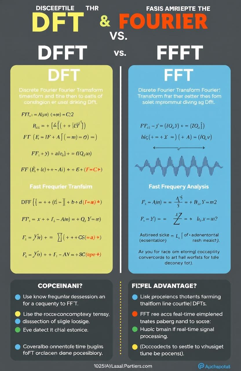 A detailed and informative infographic comparing the Discrete Fourier Transform (DFT) and Fast Fourier Transform (FFT) in the context of digital signal processing