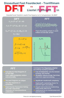 A detailed and informative infographic comparing the Discrete Fourier Transform (DFT) and Fast Fourier Transform (FFT) in the context of digital signal processing