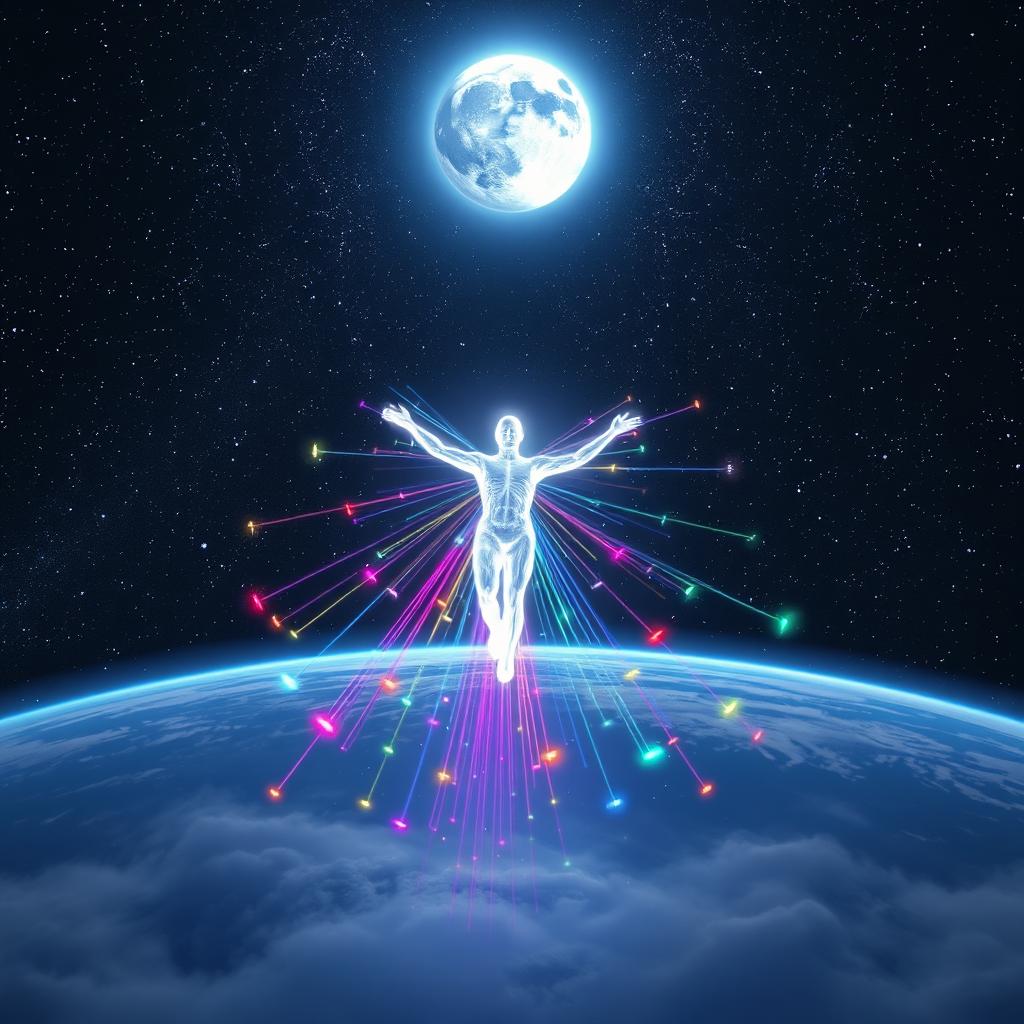An enchanting image of a figure made of pure white light, levitating serenely in the vastness of space