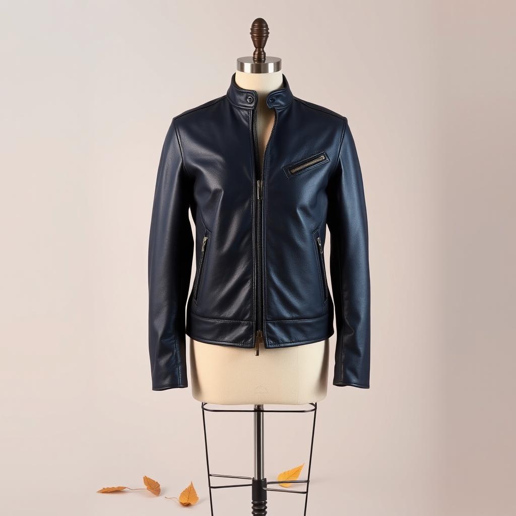 A stylish, modern jacket displayed on a mannequin against a minimalistic backgroud
