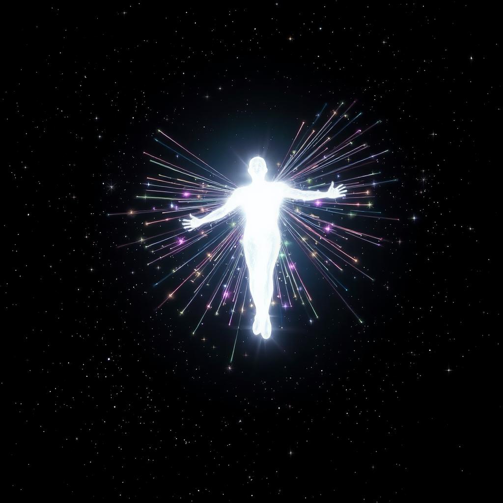 An enchanting representation of a figure made of brilliant white light, levitating gracefully in the dark expanse of space
