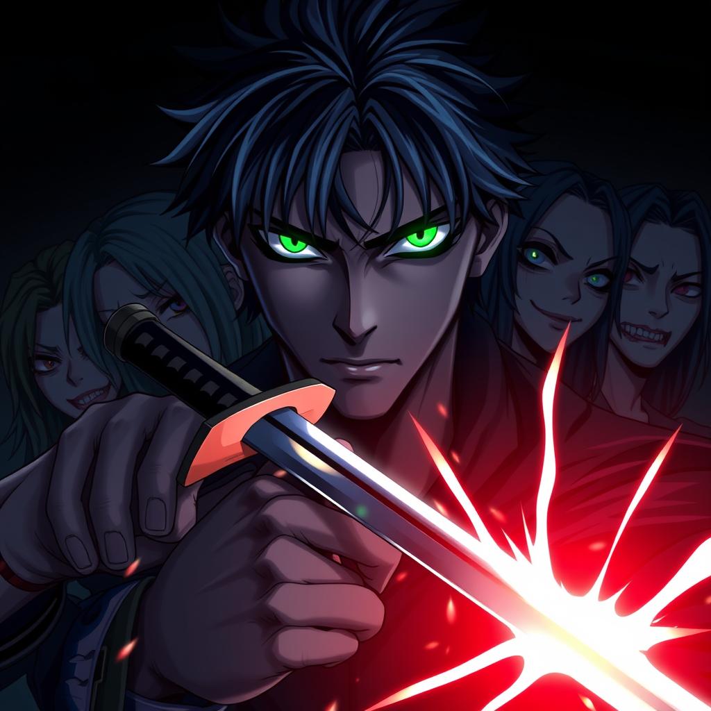 A captivating anime-style book cover featuring a male main character at the forefront, his face partially hidden in darkness, creating a sense of mystery