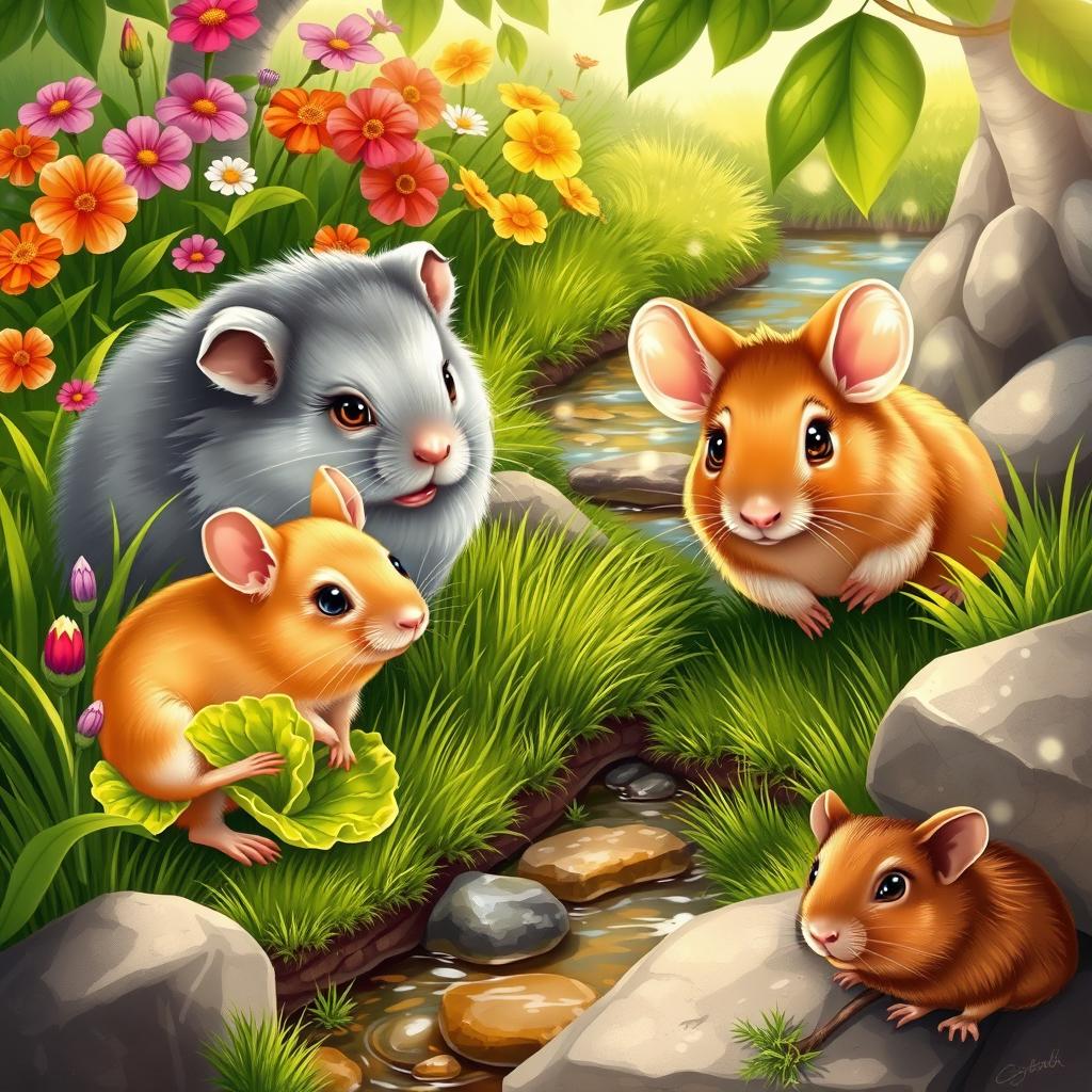 A vibrant and detailed illustration of various rodents in a natural setting, including a fluffy grey Siberian hamster, a sleek gold-colored mouse with big ears, a cute brown guinea pig munching on a piece of fresh green lettuce, and a playful brown rat peeking out from behind a rock