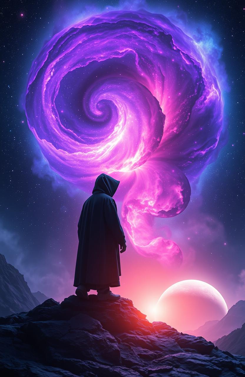 A mysterious, ethereal scene depicting an otherworldly landscape in outer space, featuring a glowing, swirling nebula in vibrant colors of purple, blue, and pink, surrounded by shimmering stars and distant galaxies