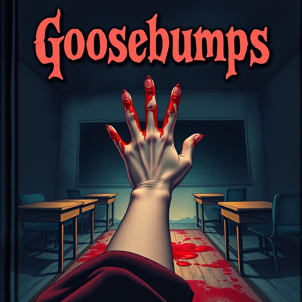 A book cover designed in the iconic Goosebumps art style, featuring an unsettling scene in a dark, shadowy classroom