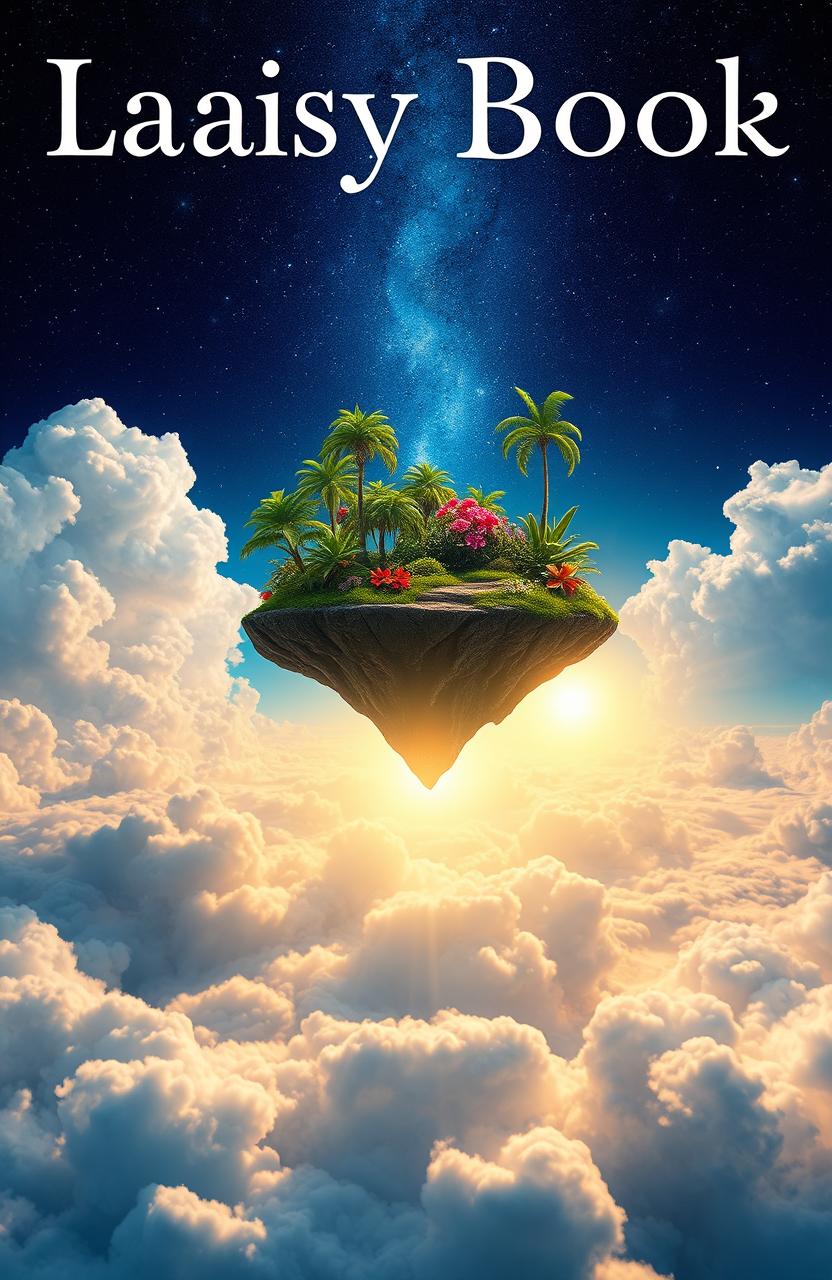 A captivating book cover featuring a mystical island suspended between heaven and earth