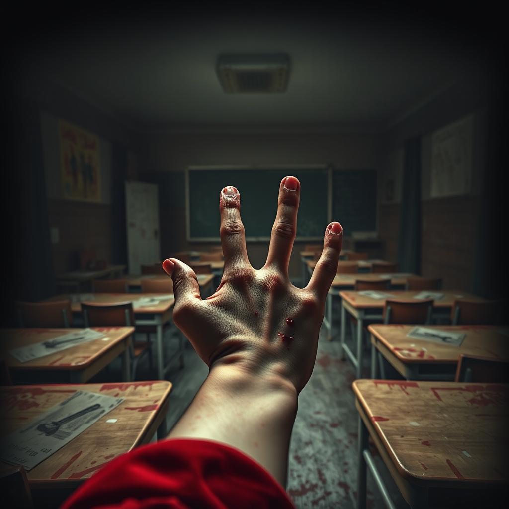 A chilling book cover featuring a first-person perspective of a dark, eerie classroom