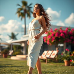A young woman with a model-like figure and large breasts, dressed in light, airy clothing that flatters her form