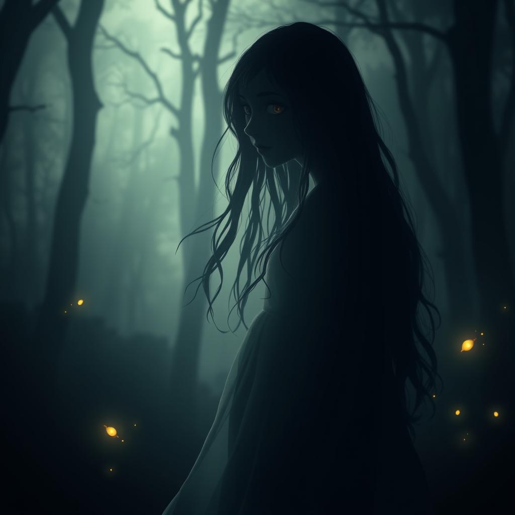 A mysterious girl shrouded in darkness, her silhouette subtly illuminated by faint light