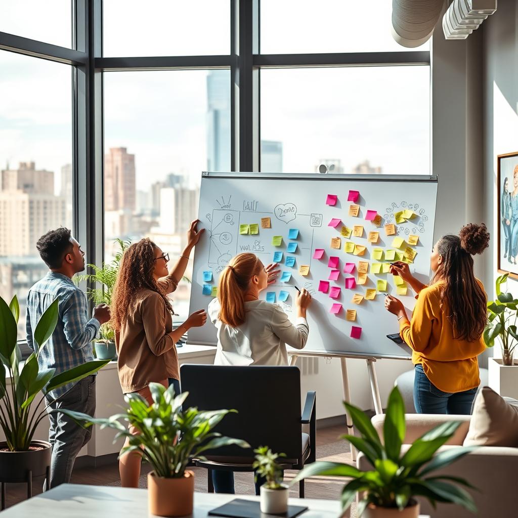 An uplifting and motivational scene showing a group of diverse individuals engaged in a brainstorming session in a modern open workspace