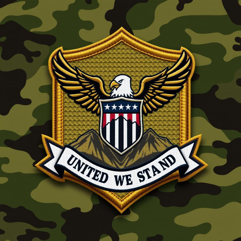 An army patch design featuring a bold eagle soaring above a mountain range, with a shield in the center adorned with stars and stripes