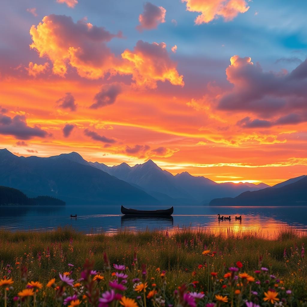 A serene landscape of a tranquil lake surrounded by majestic mountains, reflecting the vibrant colors of a sunset