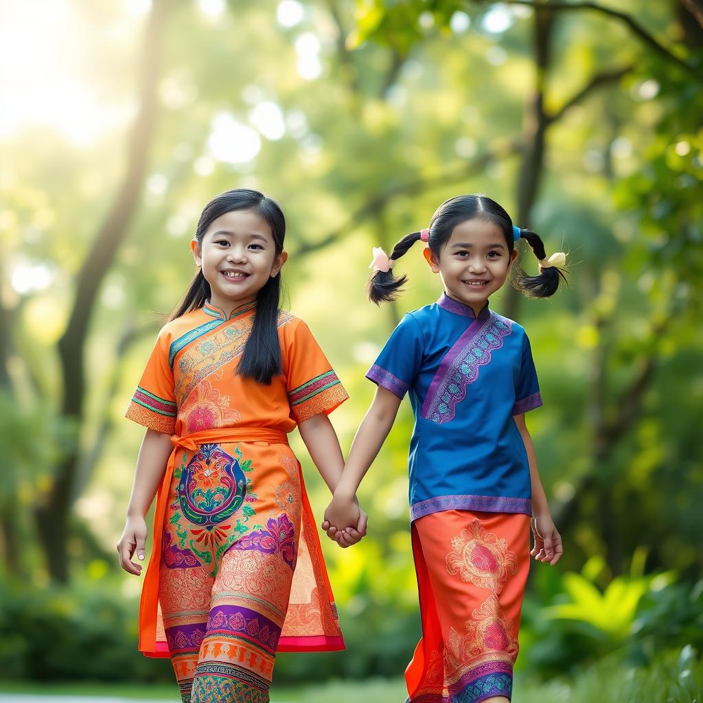 A charming scene featuring two cute Thai girls walking hand in hand, showcasing both a thick girl with a warm smile and a thin girl with playful pigtails
