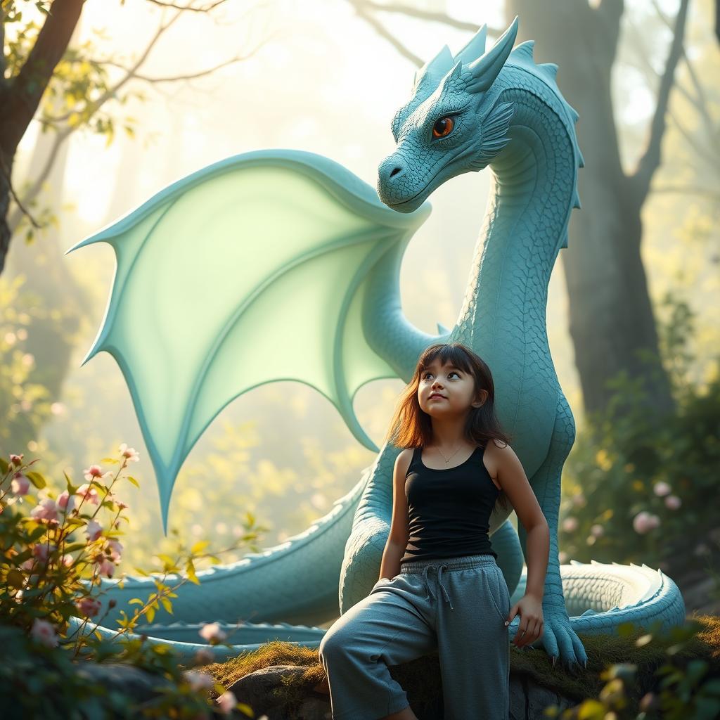 An elegant pastel blue dragon with stunning pastel green swirls sitting up tall, proudly towering over a brunette girl dressed casually in a fitted black tank top and loose gray sweatpants