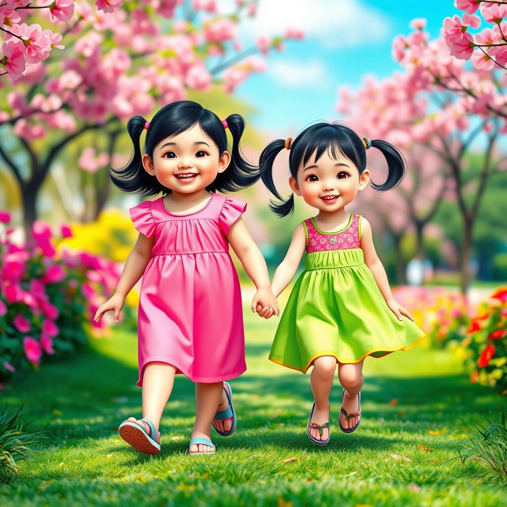 A heartwarming scene of two adorable Thai girls, around 10 years old, joyfully walking hand in hand in a bright and colorful environment
