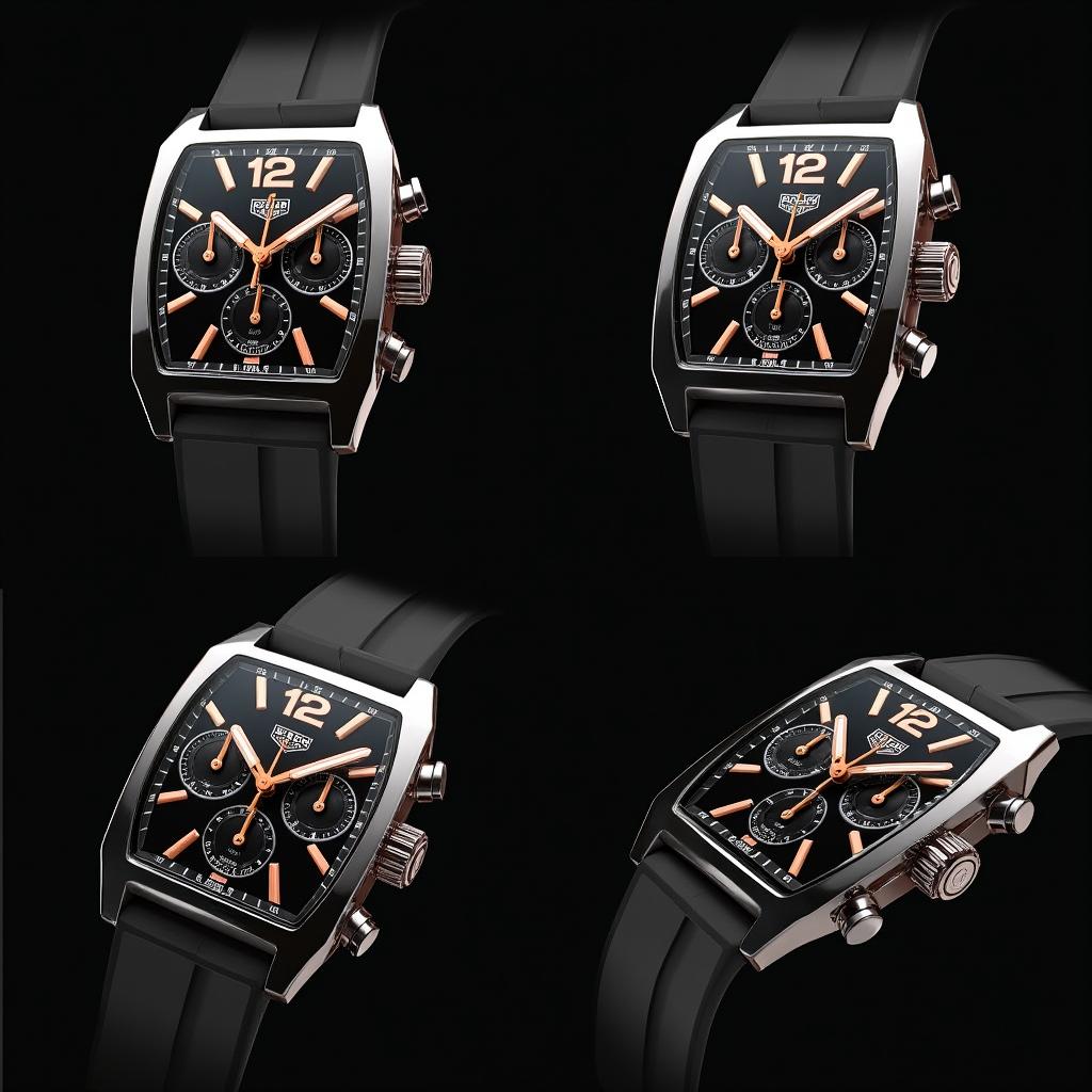 A luxurious wristwatch with a square design inspired by the TAG Heuer Monaco case shape, displayed from multiple views