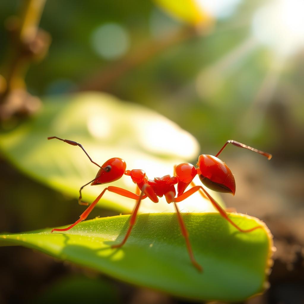 A vibrant red ant with a glossy body, showcasing its detailed segments and legs