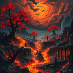 A surreal and fantastical depiction of Hell, featuring vivid colors and imaginative landscapes