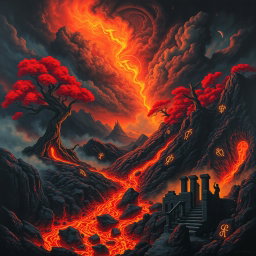 A surreal and fantastical depiction of Hell, featuring vivid colors and imaginative landscapes