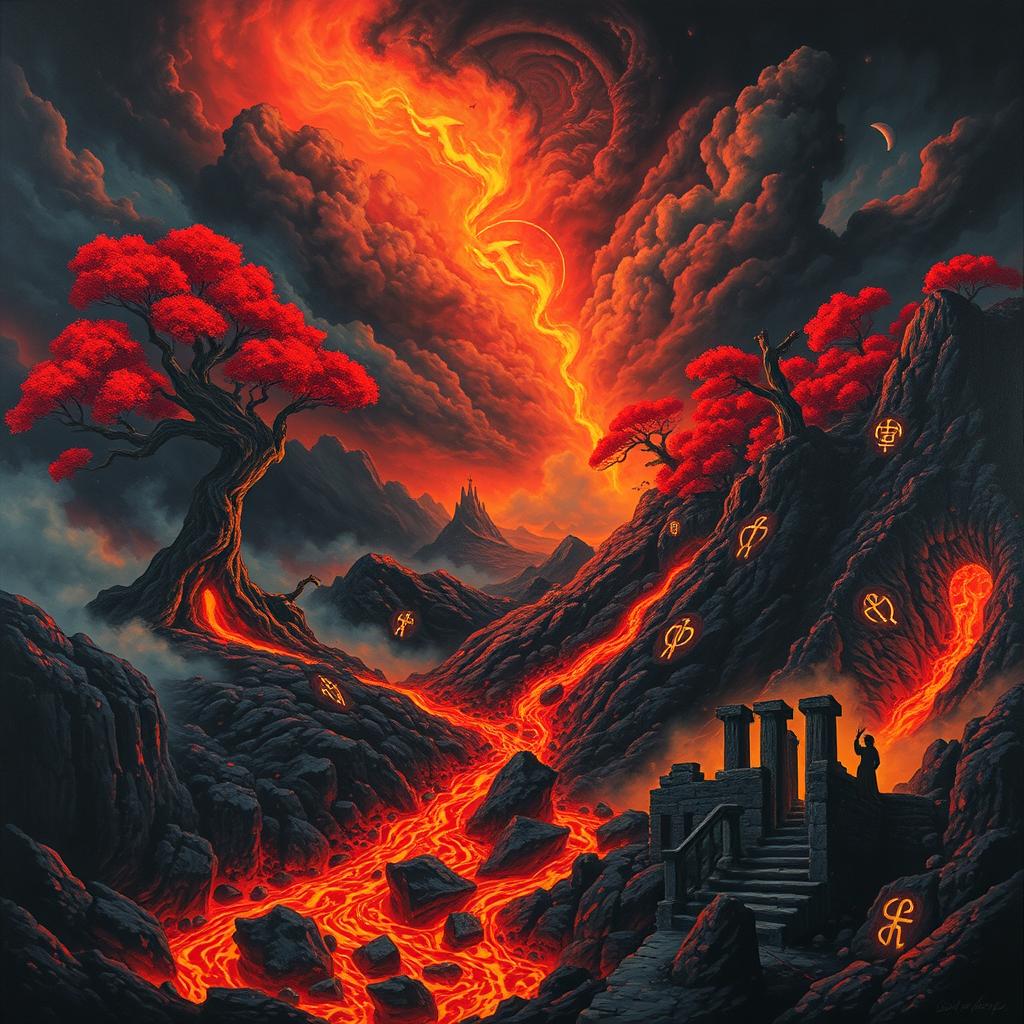 A surreal and fantastical depiction of Hell, featuring vivid colors and imaginative landscapes