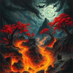 A surreal and fantastical depiction of Hell, featuring vivid colors and imaginative landscapes