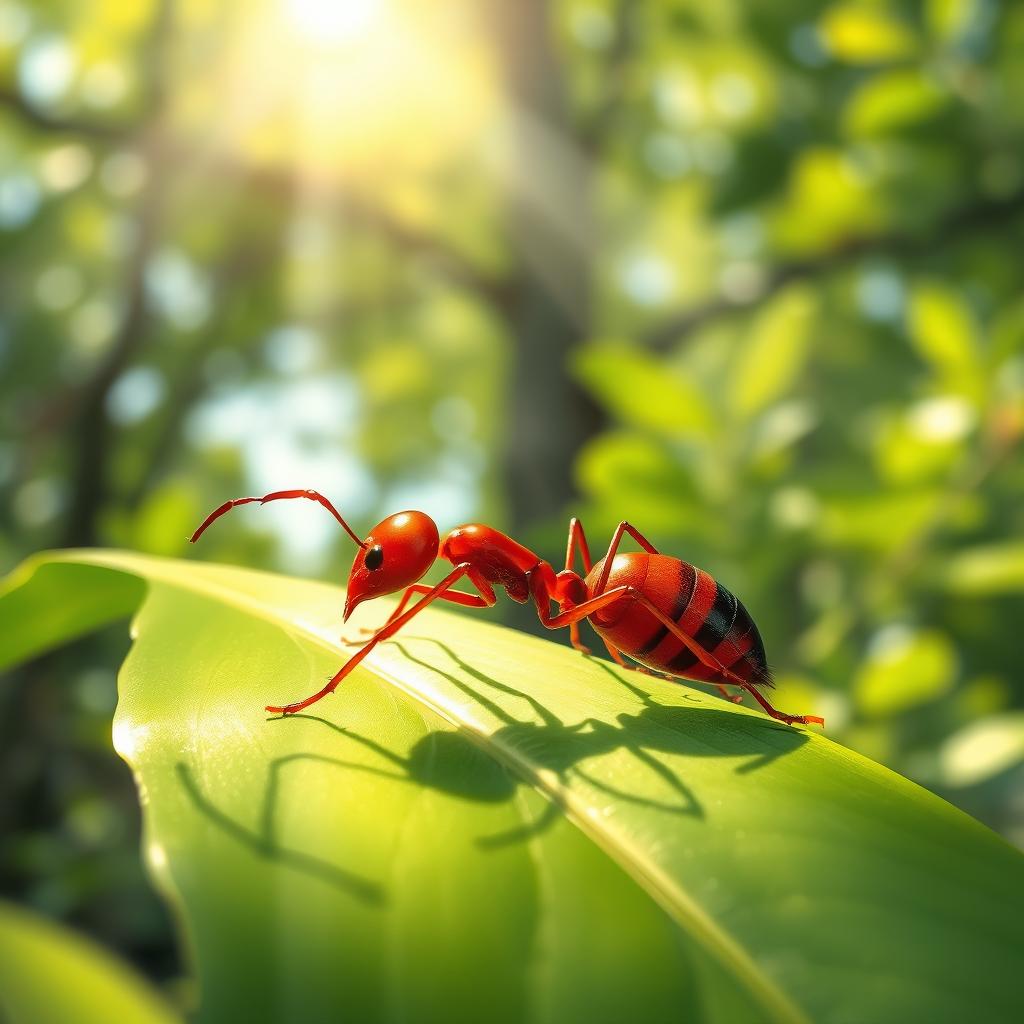 A detailed illustration of a vibrant red ant scurrying across a lush green leaf