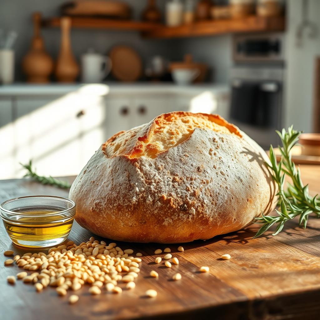 A beautifully arranged still-life of a freshly baked loaf of bread, golden brown crust with specks of flour, resting on a rustic wooden table