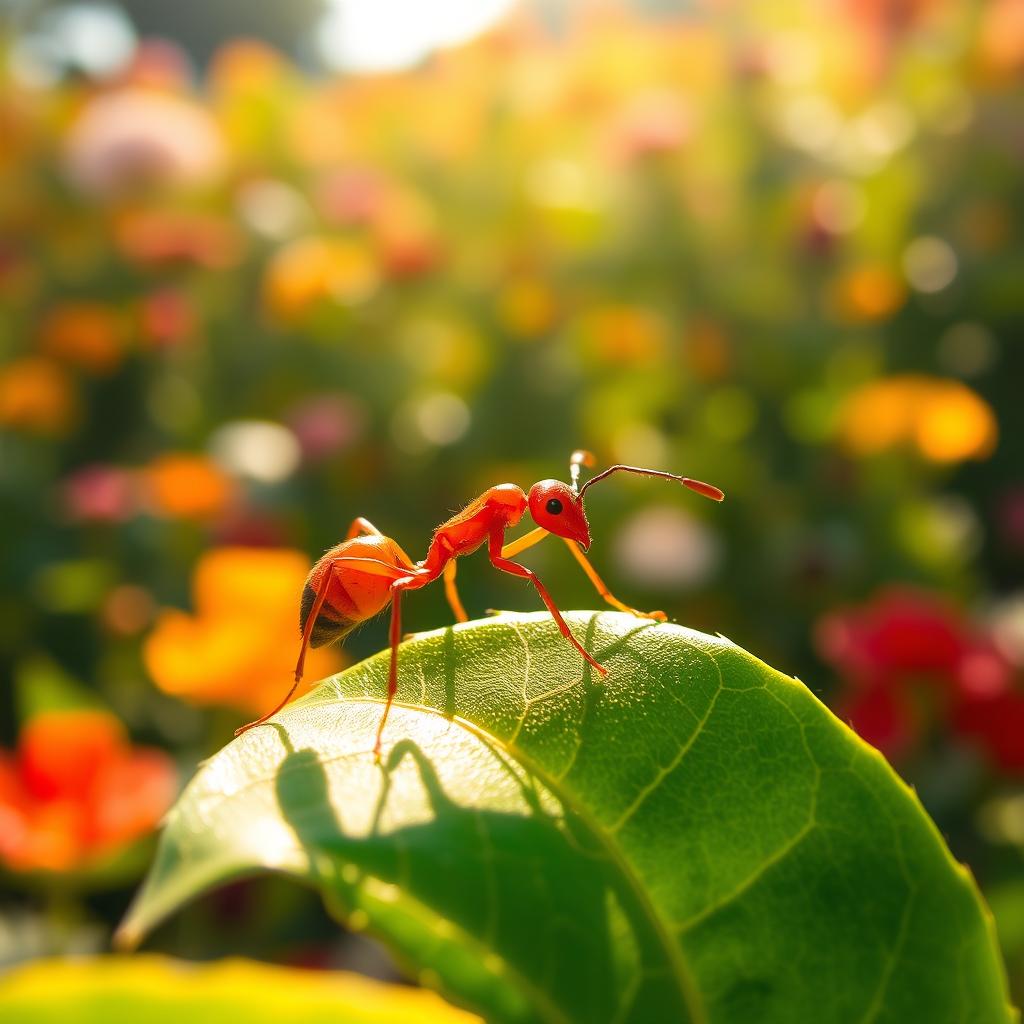 A vibrant red ant, detailed and lifelike, crawling on a green leaf in a bright sunny environment