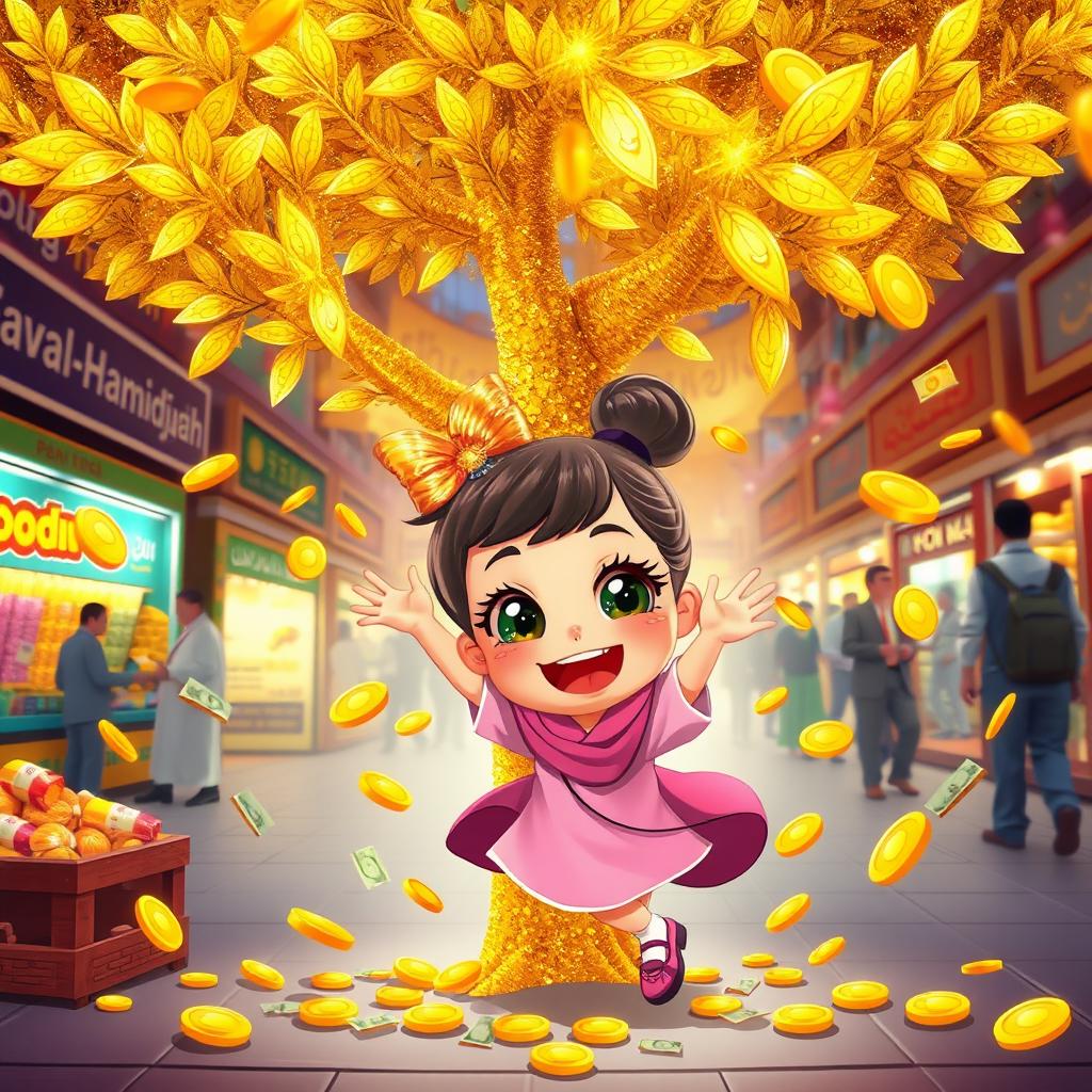A cartoon girl joyfully playing around a golden tree, with golden coins and colorful money scattering around her in the bustling Souq Al-Hamidiyah market