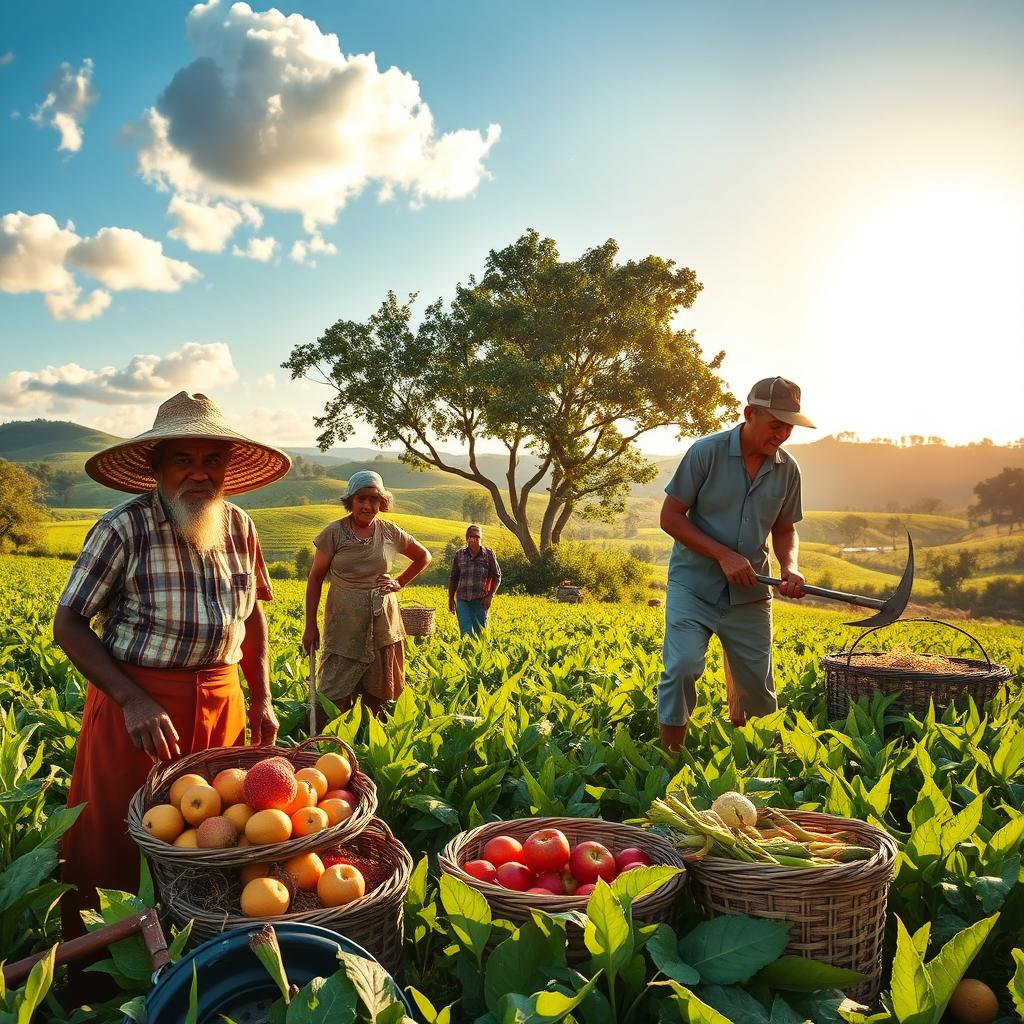 A picturesque scene of hardworking farmers in a lush, green field during golden hour, harvesting ripe crops
