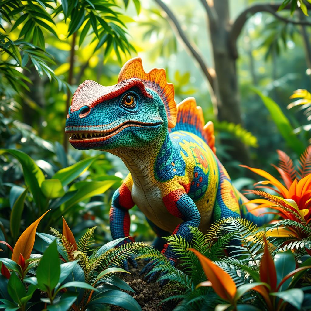 A vibrant and colorful dinosaur in a lush, prehistoric jungle environment, showcasing a variety of bright colors on its scales