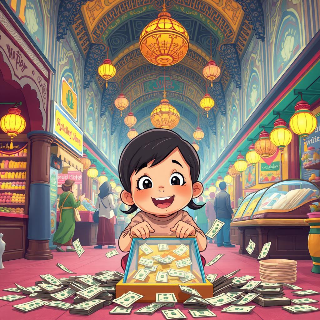 A young cartoon girl happily playing with a game called 'Golden Tree', surrounded by scattered money in the vibrant and bustling Hamidiyeh market
