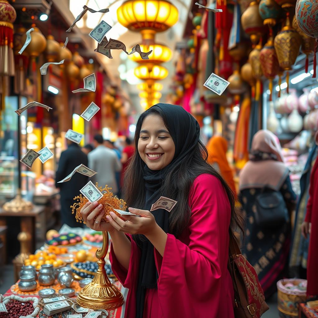 A young woman joyfully playing with the game 'Golden Tree' in the bustling Al-Hamidiyah Souq