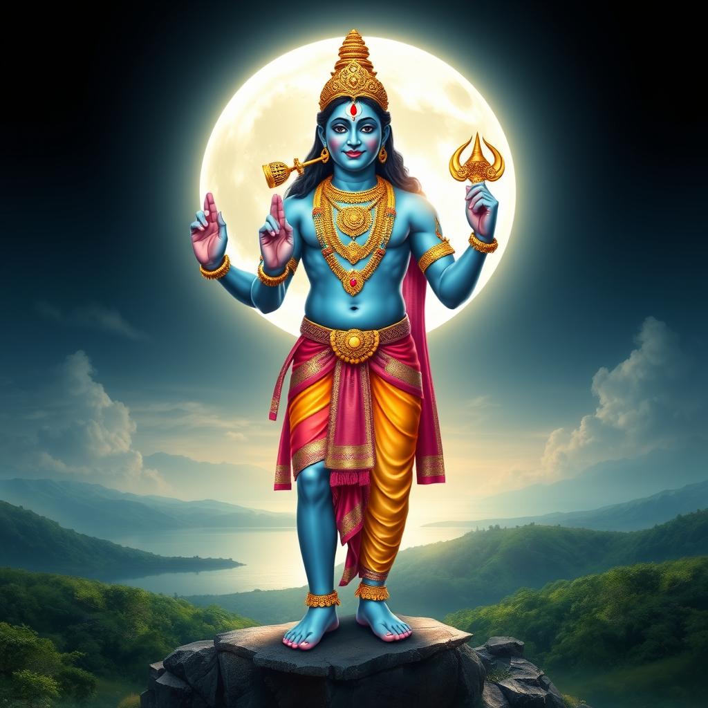 A full-body portrayal of Lord Vishnu standing majestically with a serene expression, against a stunning backdrop of a large, luminous full moon