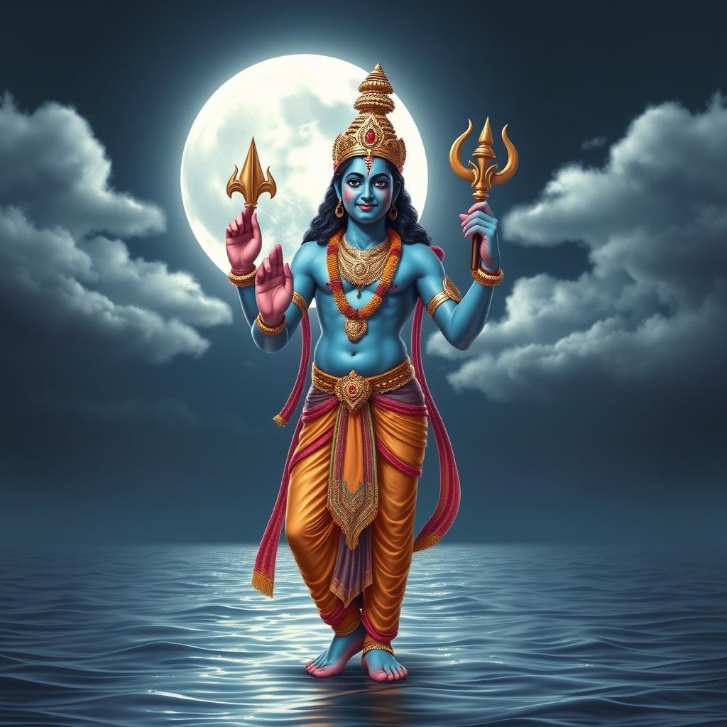 A full-body depiction of Lord Vishnu standing gracefully with a serene expression, illuminated by a large, luminous full moon in the background